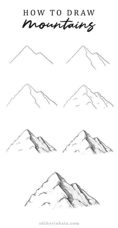 Dec 30, 2019 · Step 1. Draw an outline. First, determine where the tops will be placed on your paper. You can place them high or low, depending on how much sky there will be. TIP: A standard rule of composition is to avoid placing your focal point, in this case, the mountains, across the page’s center. Positioning them off-center will make your drawing more ... 
